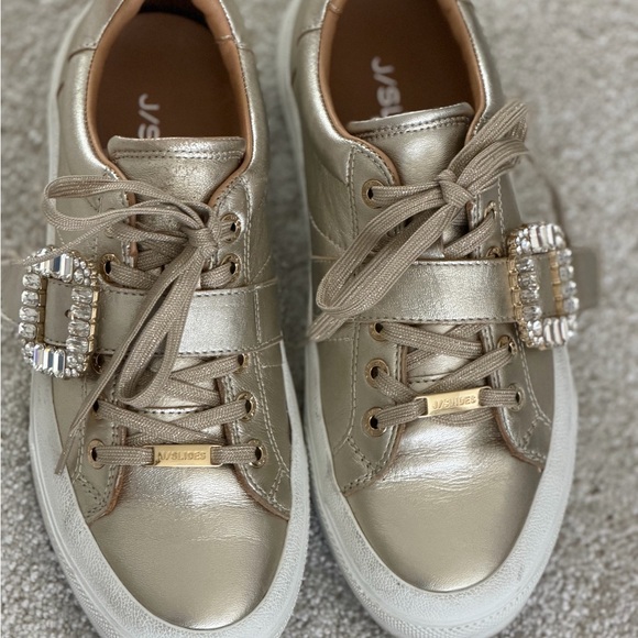 J Slides Shoes - J Slides Gold Sneakers with Rhinestone Detail
